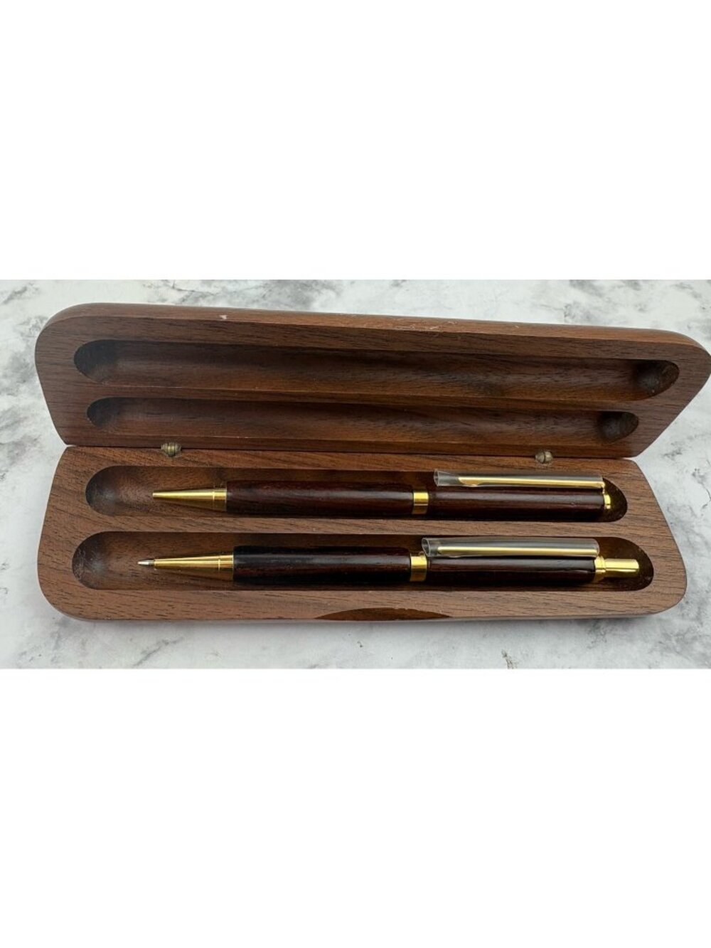 *Vintage Handcrafted Wooden Ball Point Pen & Mechanical Pencil Set Rosewood Case